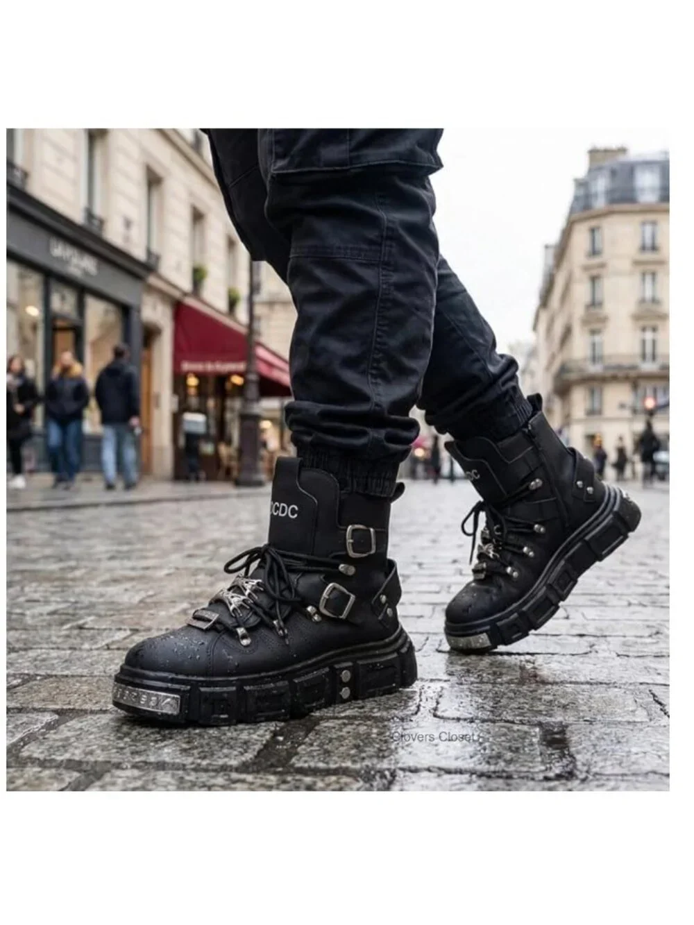 Men's Punk Combat Boots Chunky Platform Lace-Up Faux Leather Motorcycle Boots
